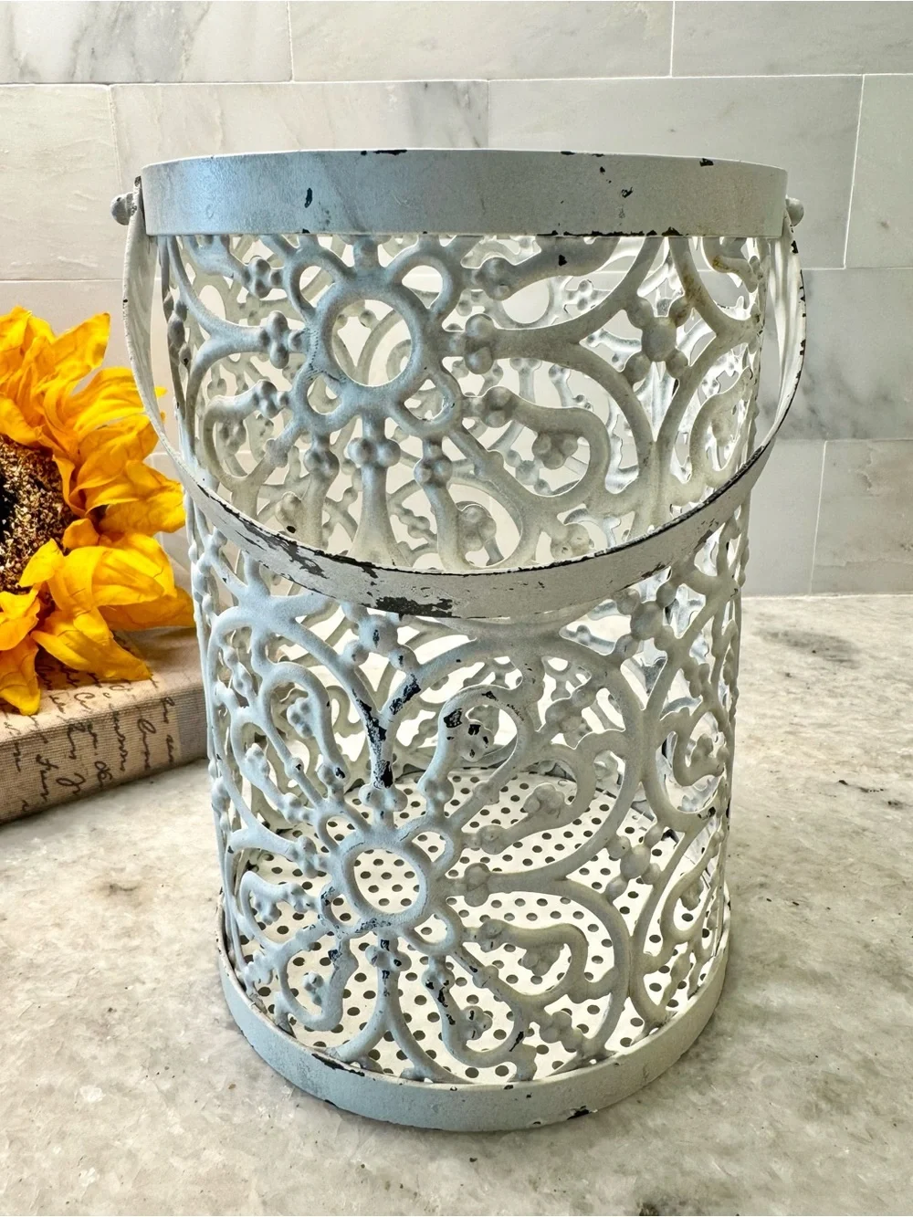 New Rustic Distressed Ornate Chippy White Metal Bucket Holder Decor - 7” x 5”
